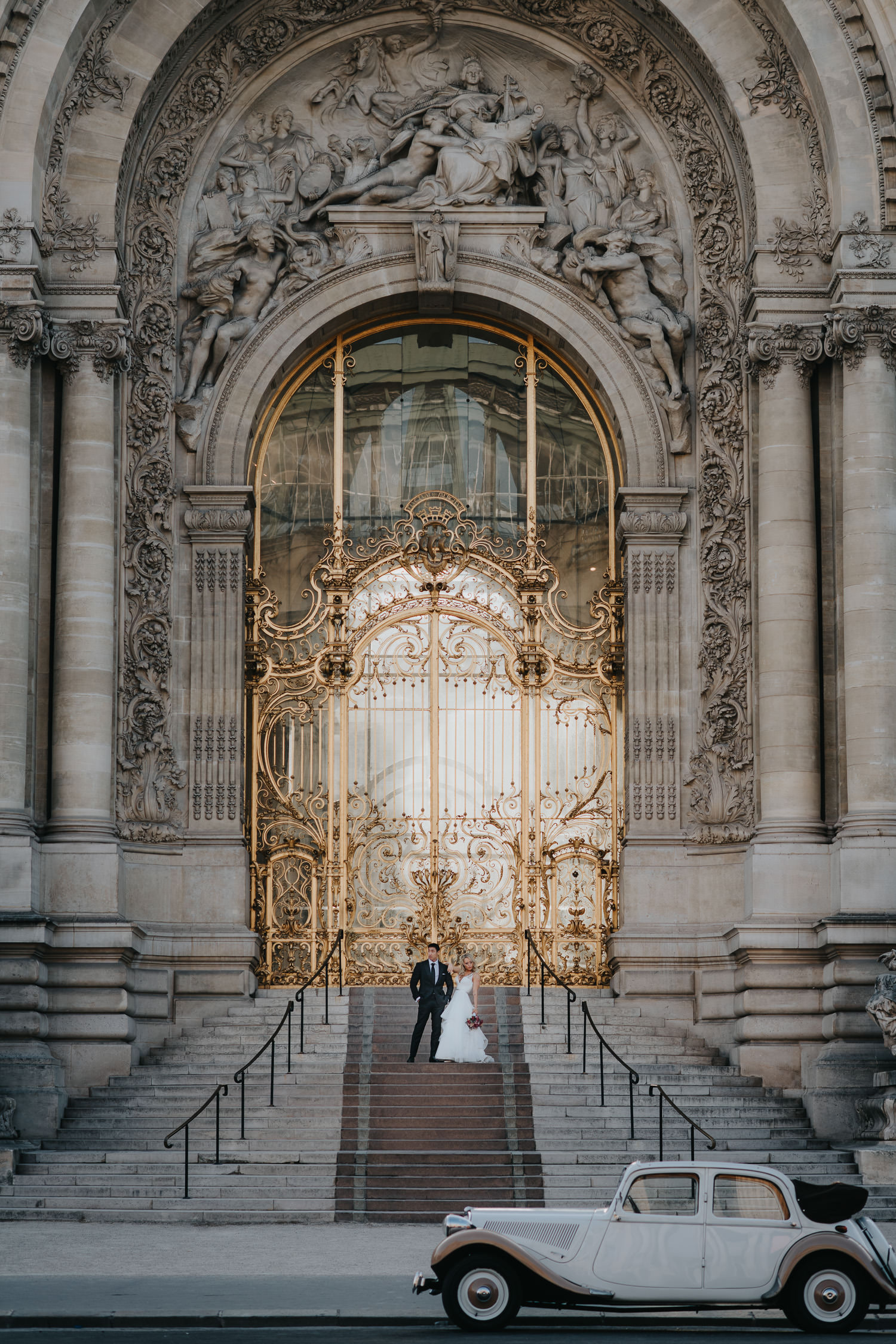 Paris Elopement Photography under the golden arch and vintage citron