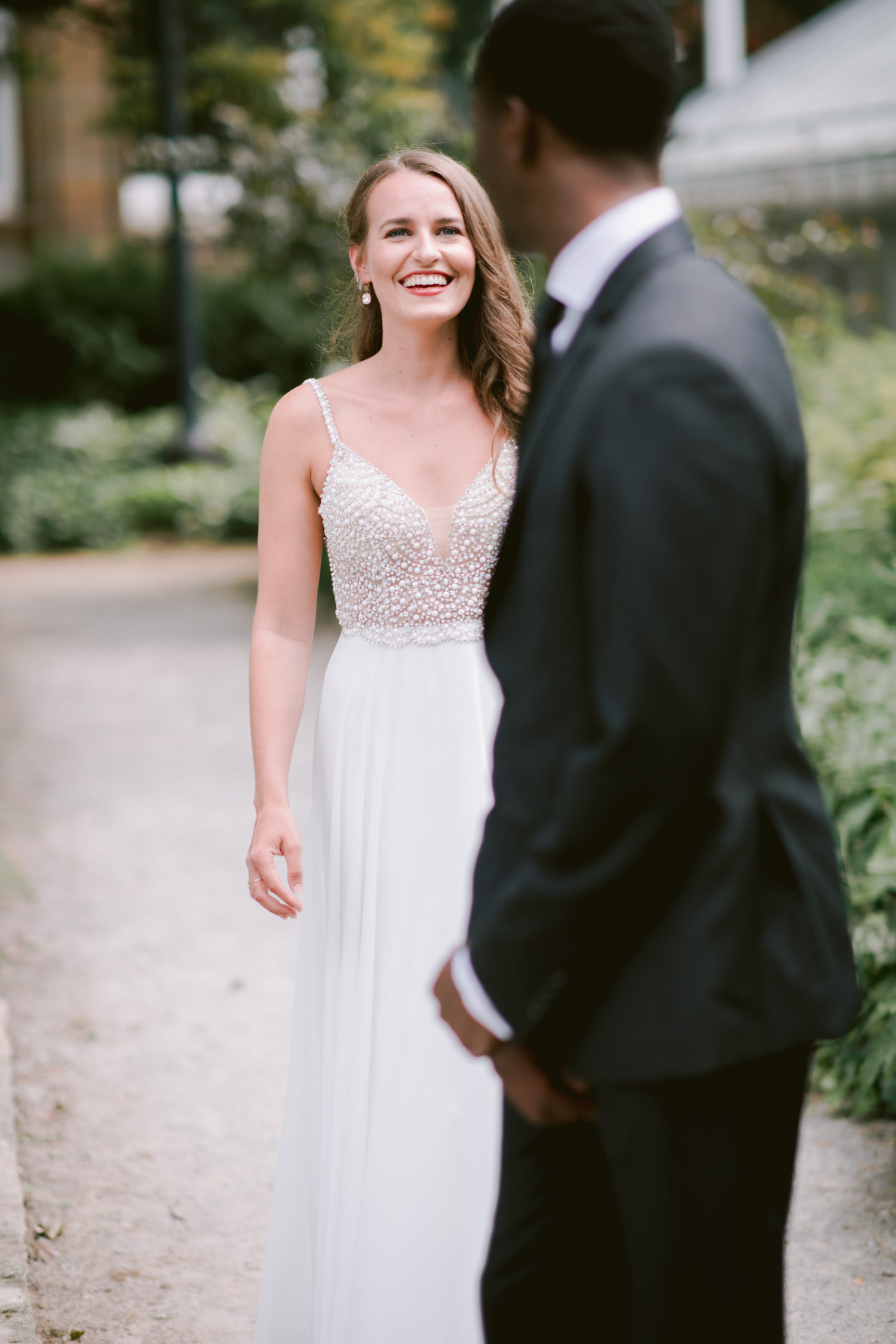 Bride and groom first look before ceremony at Allan Gardens wedding