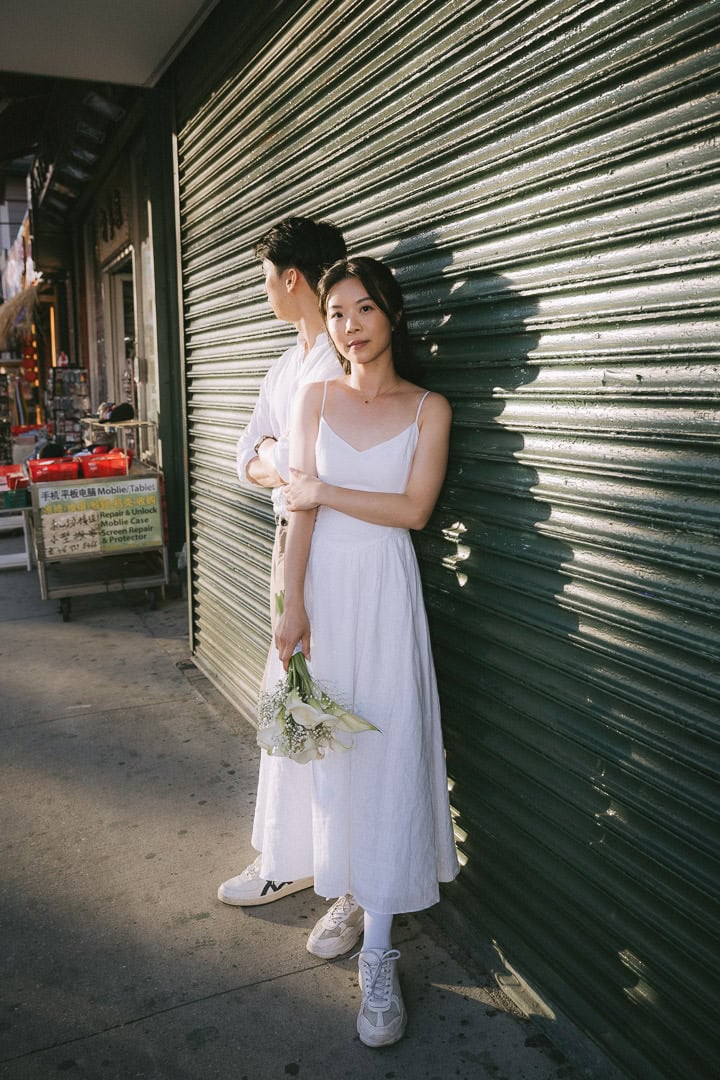 Editorial engagement portrait with dramatic light, Chinatown, Toronto