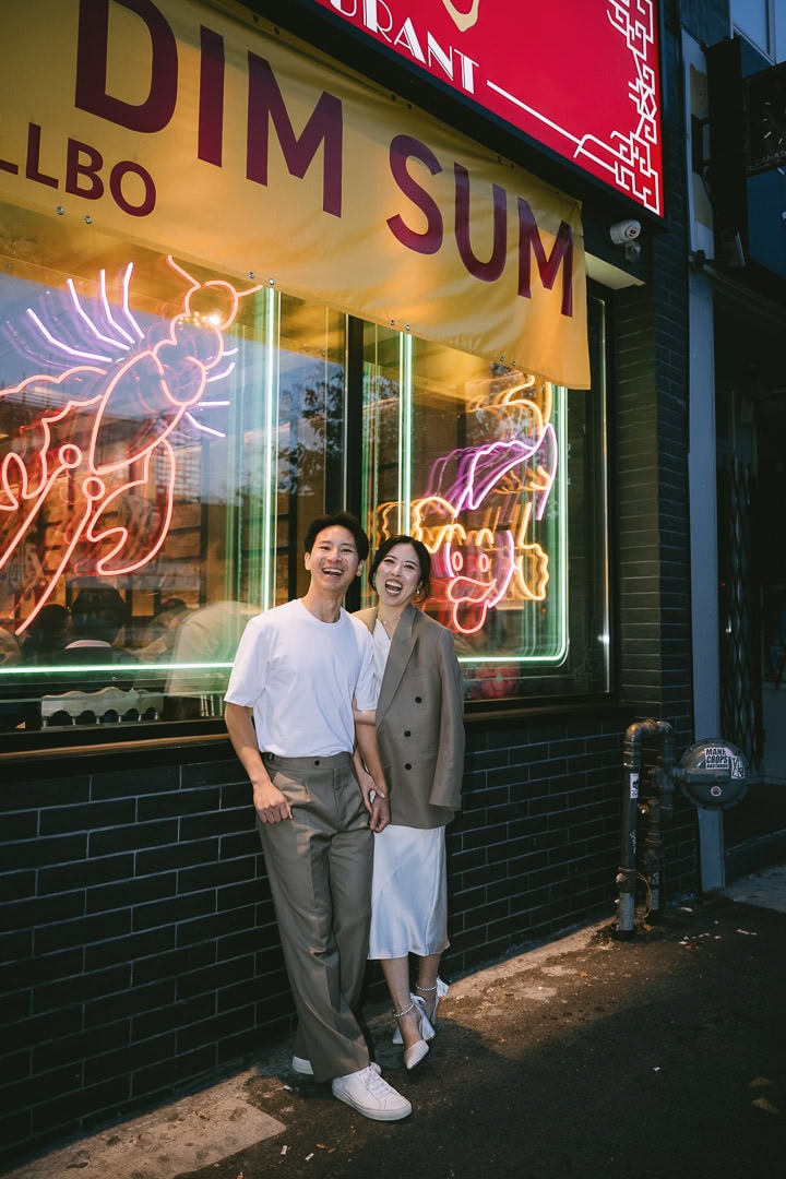 Cinematic night portrait with neon light in Chinatown, Toronto