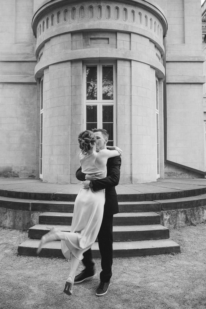 Editorial engagement portrait against classical architecture, Dundurn Castle, Hamilton