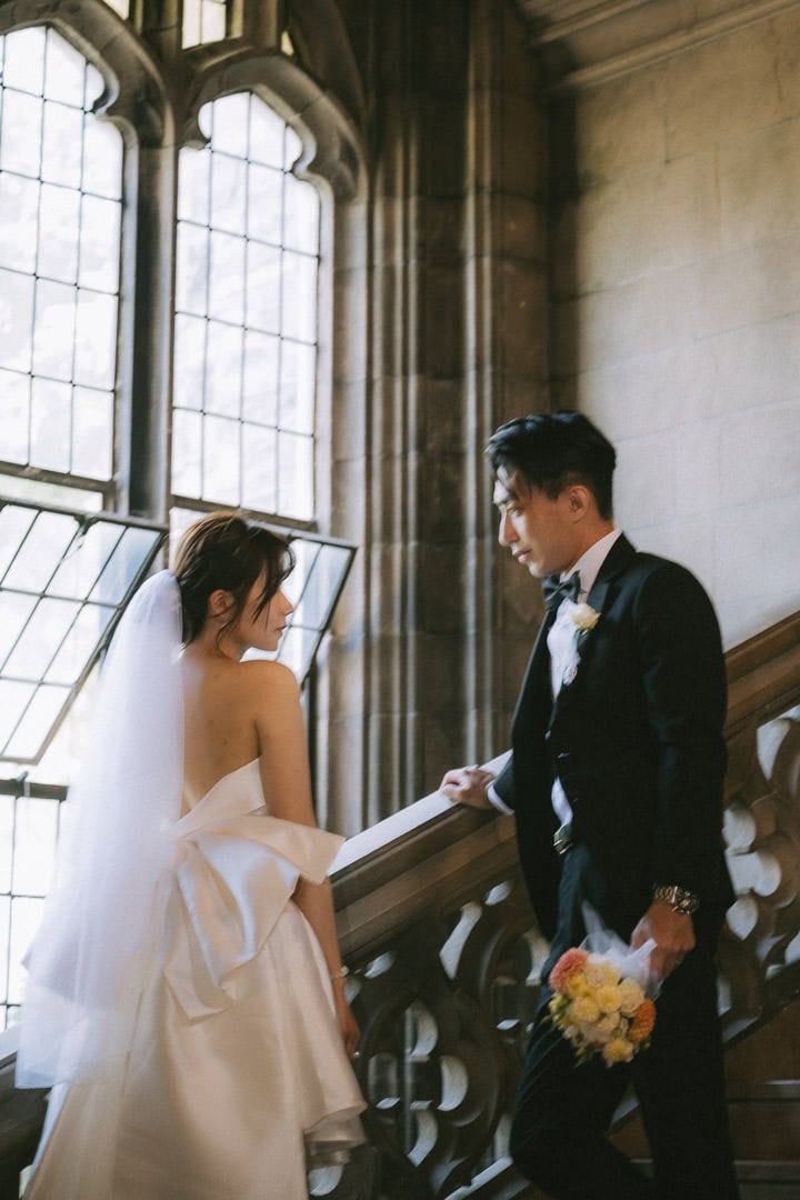 Cinematic moody wedding portrait, Knox College, Toronto