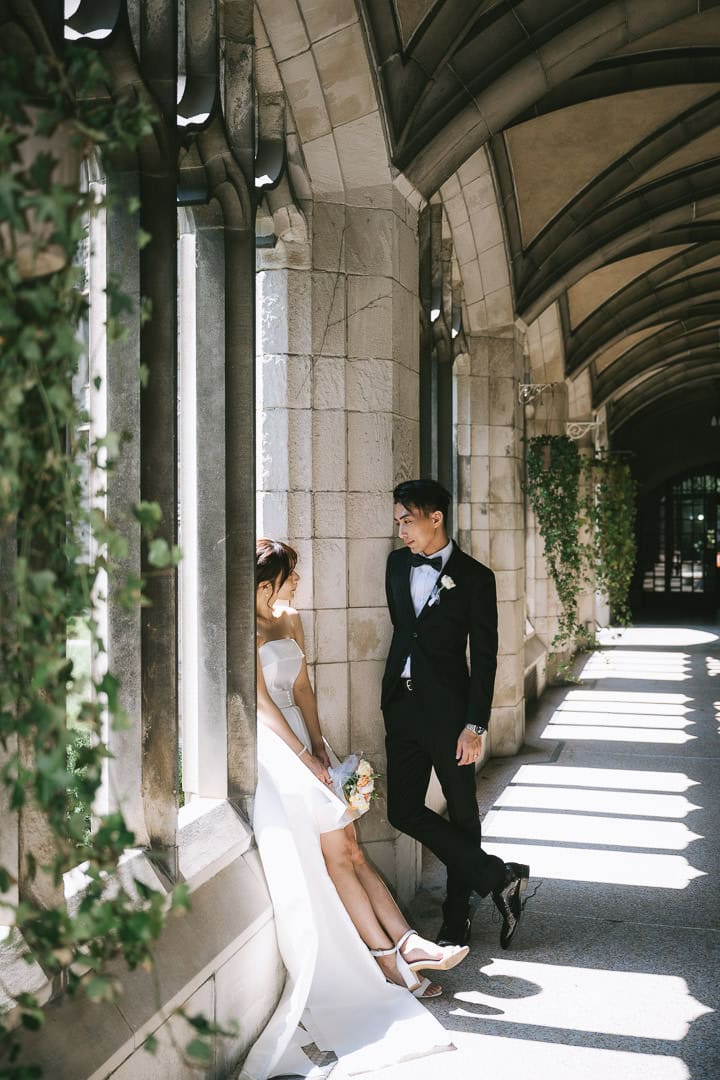 Editorial wedding portrait in the cloister, Knox College, Toronto