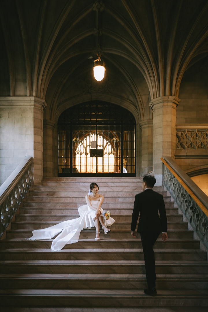 Wedding portrait on the staircase, Knox College, Toronto