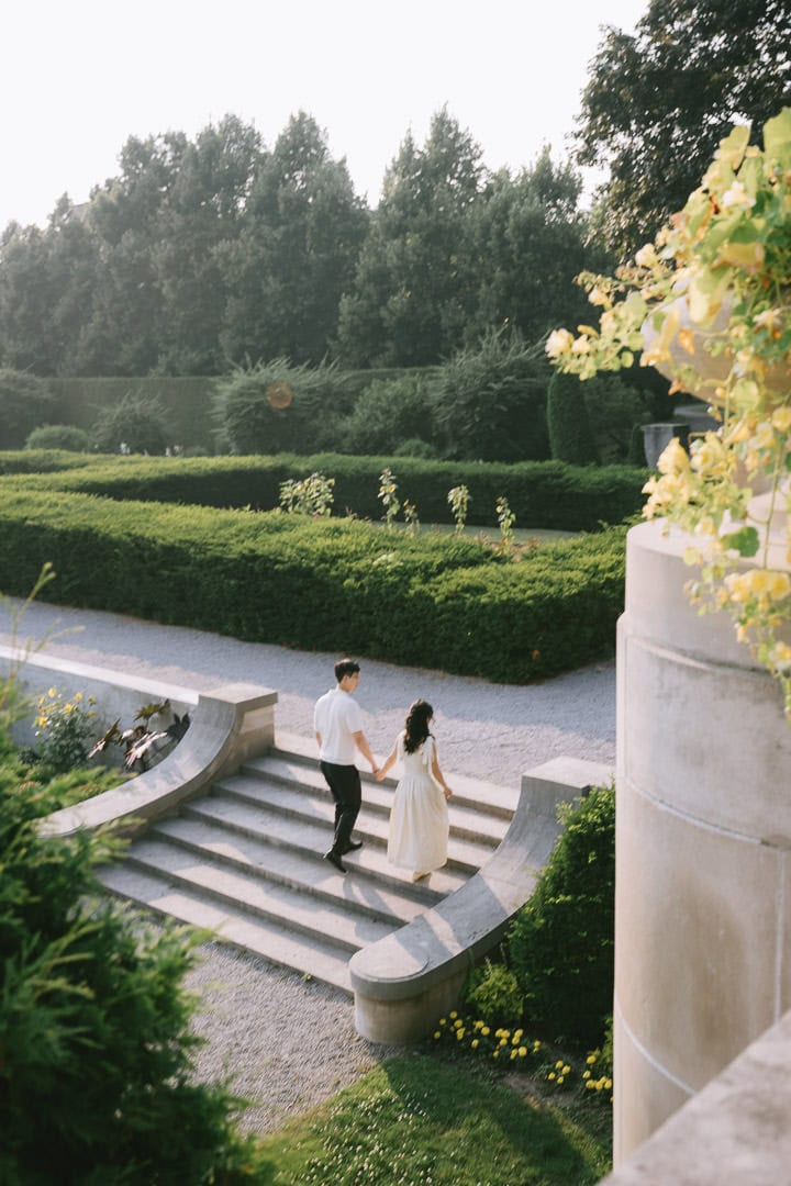 Aerial view of couple on garden staircase, Parkwood Estate, Oshawa