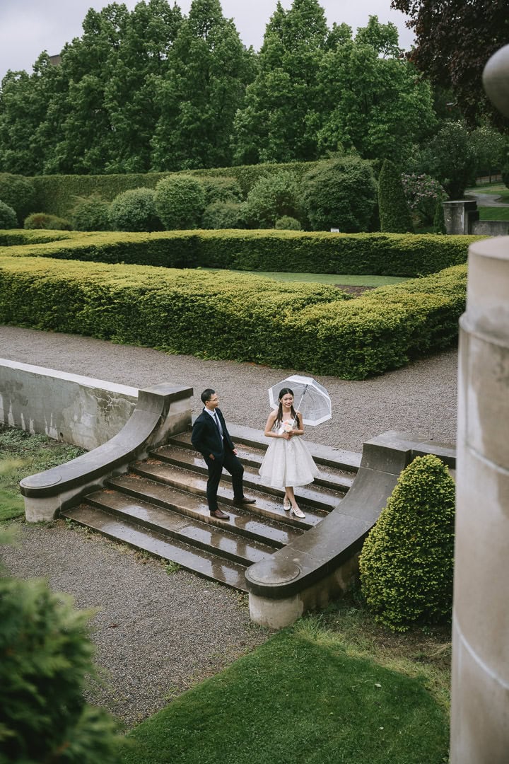 Pre-wedding portrait in the rain overlooking the garden, Parkwood Estate, Oshawa