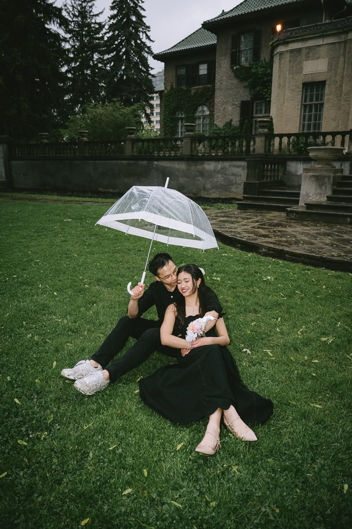 Editorial pre-wedding portrait in the rain on the grass, Parkwood Estate, Oshawa