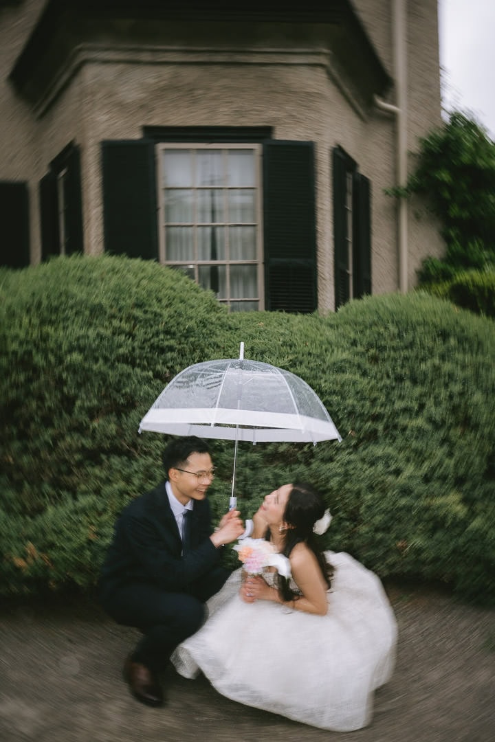 Cinematic pre-wedding portrait in the rain, Parkwood Estate, Oshawa