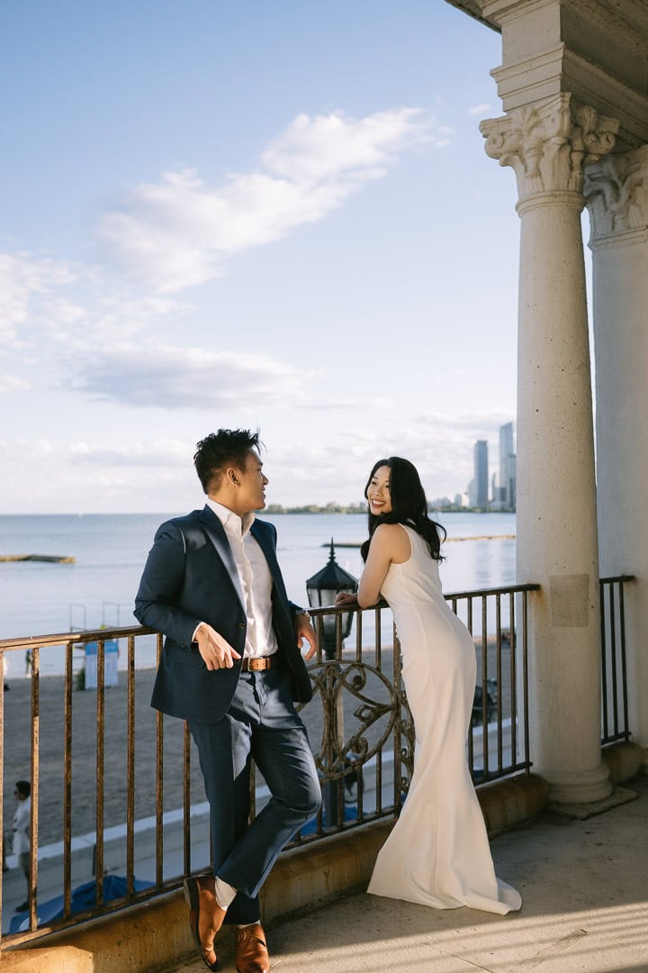 Engagement portrait on the balcony, Sunnyside Pavilion, Toronto