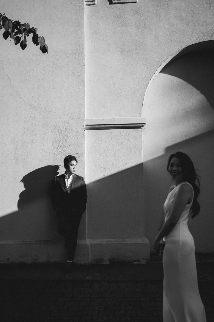 Engagement portrait in the courtyard, Sunnyside Pavilion, Toronto
