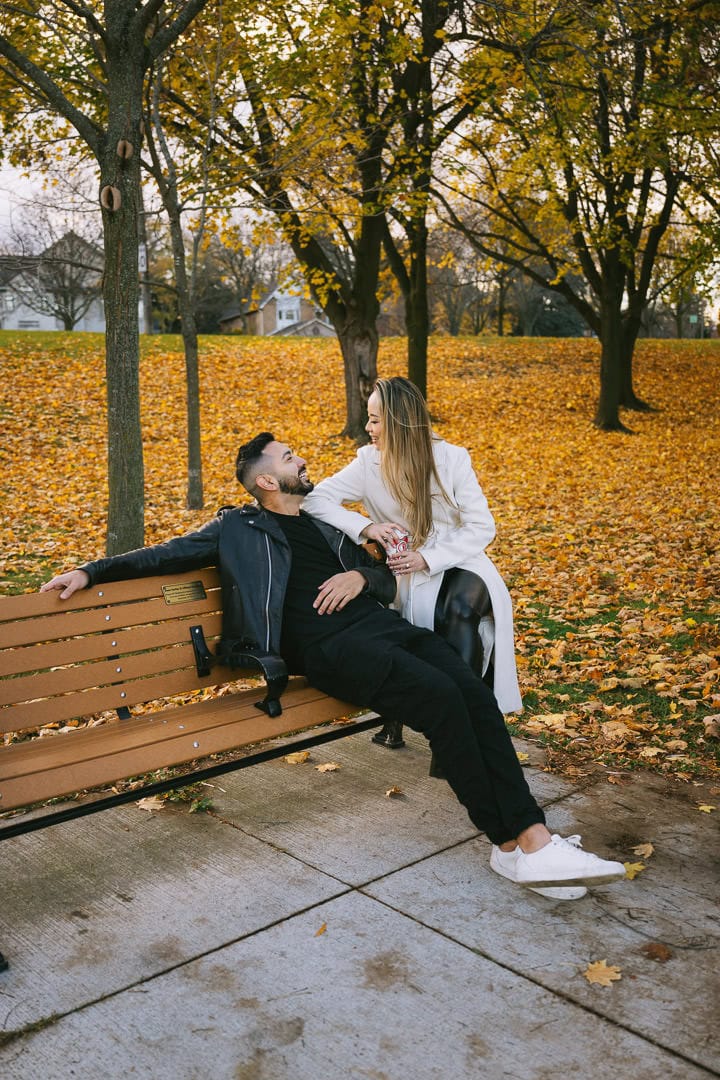 Engagement portrait among golden fall leaves, Toogood Pond, Unionville