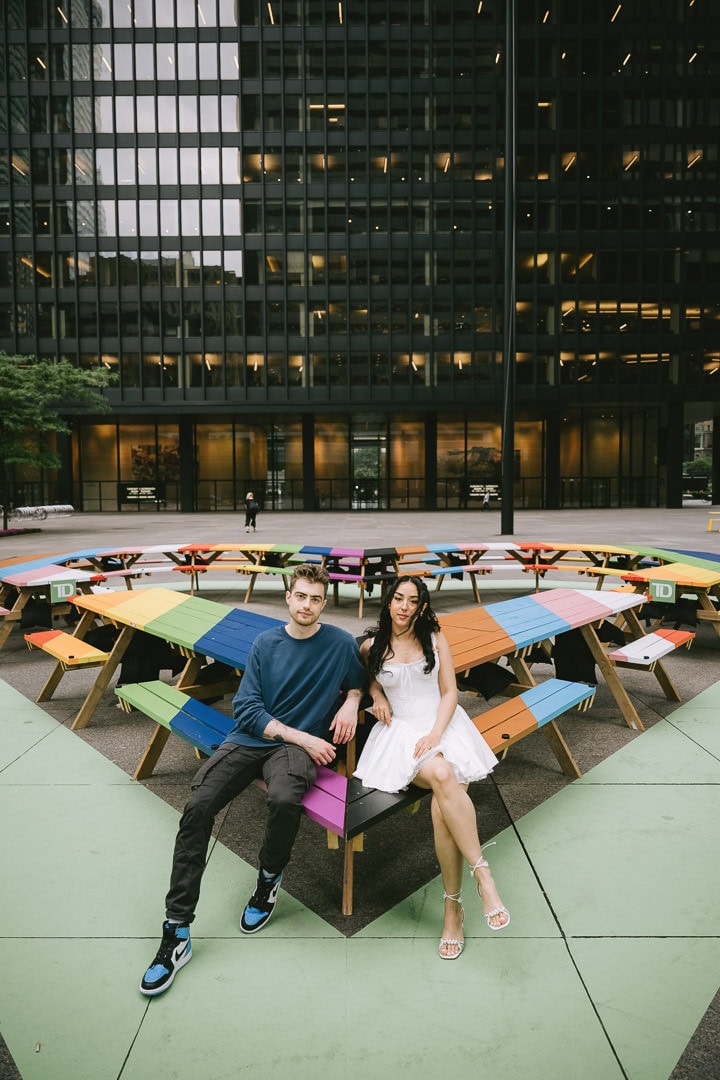 Engagement portrait at art installation, Toronto Financial District